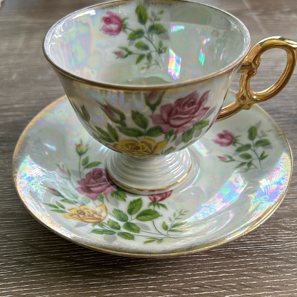 COPY - Vintage Japan Flower of the Month June “Rose” lusterware footed cup…